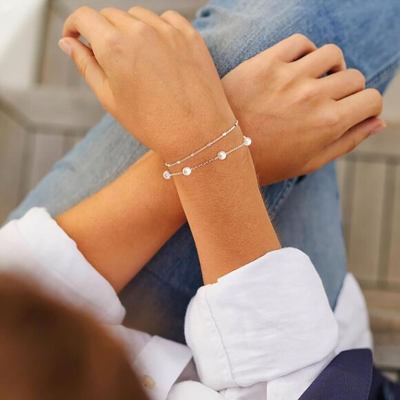 Silver Dainty Stack Cuban Beaded Heart, Bracelets Jewelry Gifts for Women - Picture 5 of 7